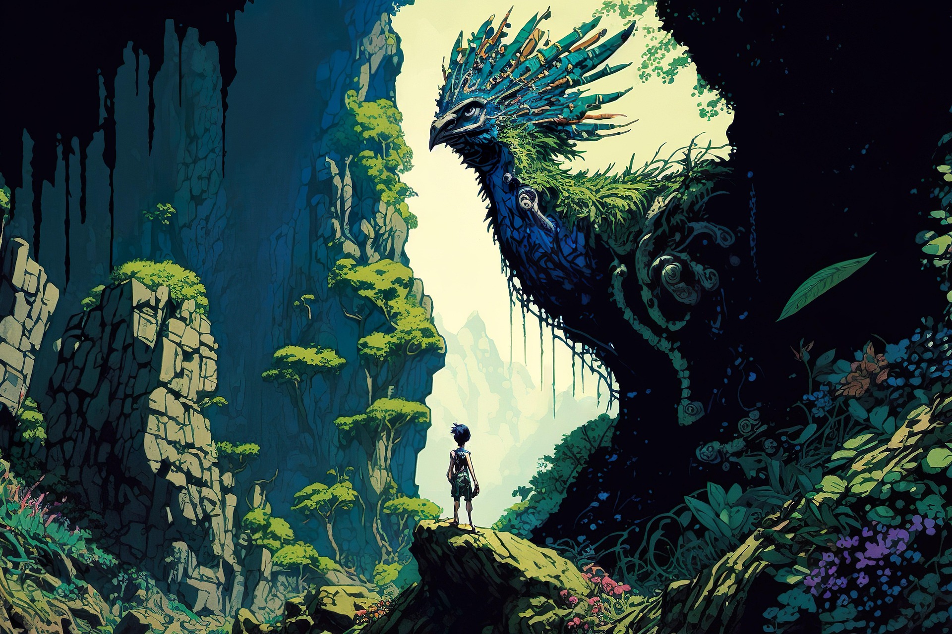 Concept artwork — a small figure on a ridge facing an overgrown creature the size of a cliff
