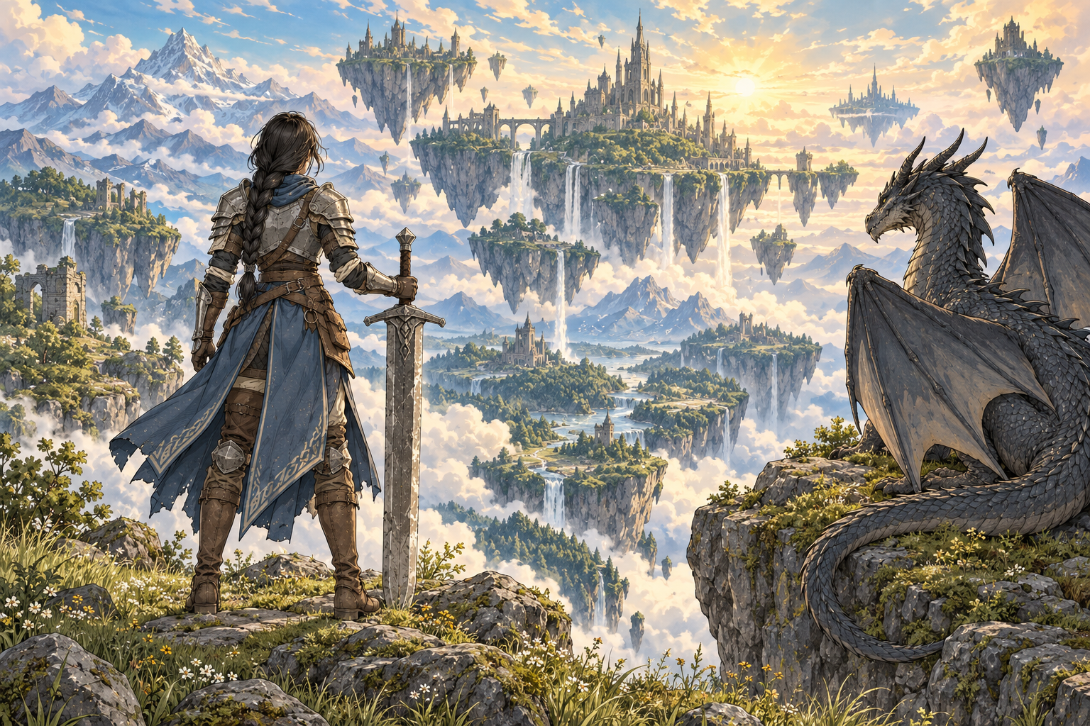 Concept artwork — a small figure on a ridge facing an overgrown creature the size of a cliff
